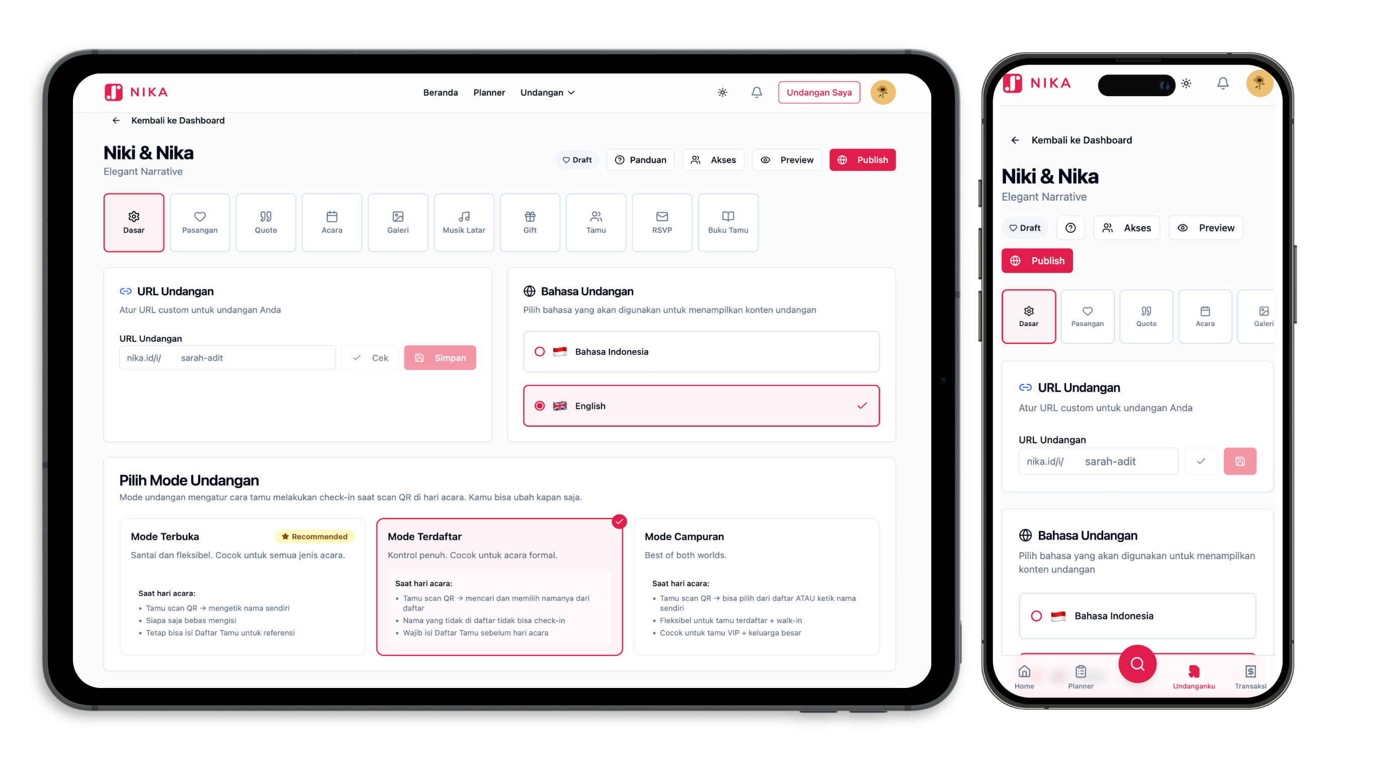 Pratinjau dashboard planner Nika